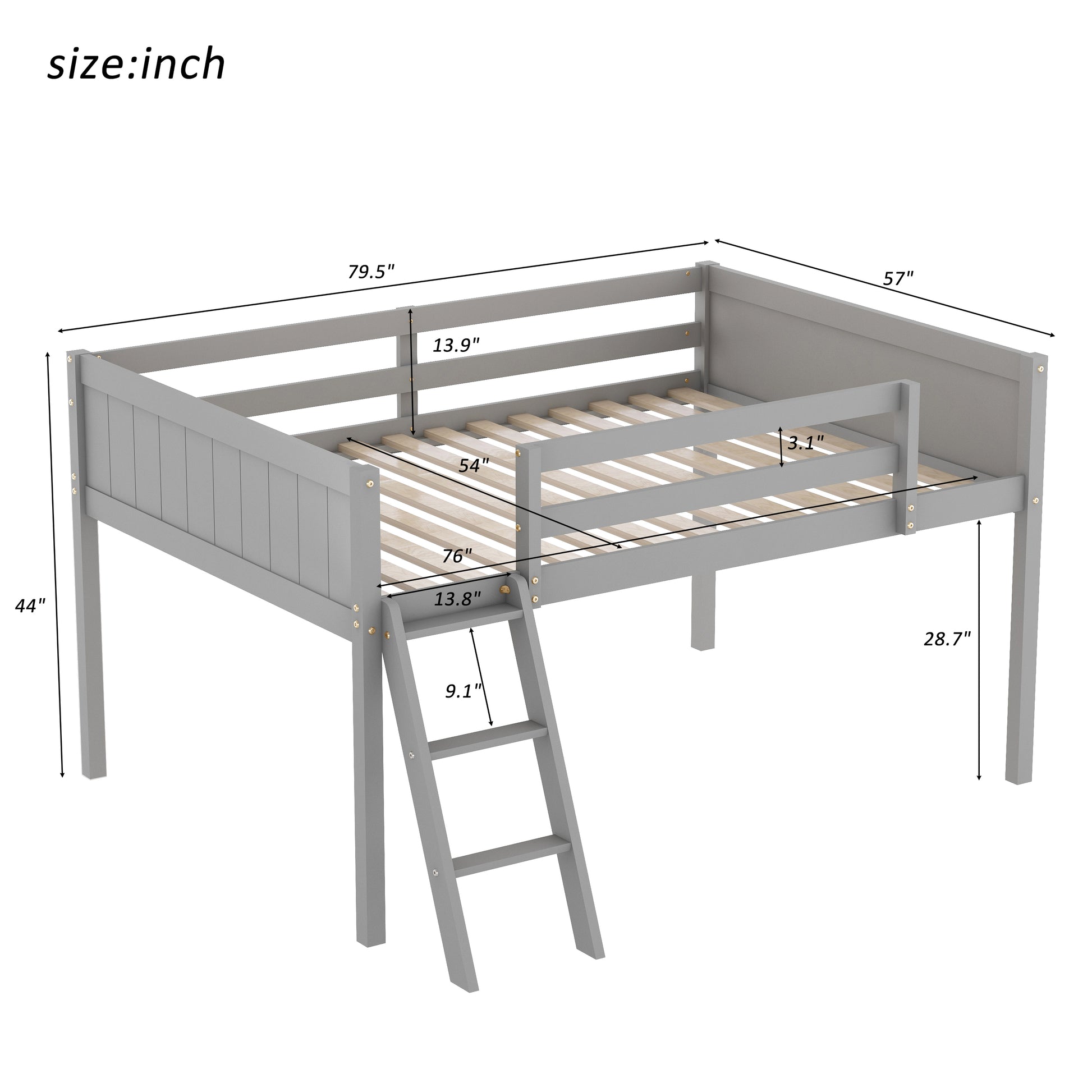 Full Size Wood Low Loft Bed With Ladder, Ladder Can Be Placed On The Left Or Right, Gray Old Sku:Gx000366Aae Box Spring Not Required Full Gray Wood Bedroom Solid Wood Mdf