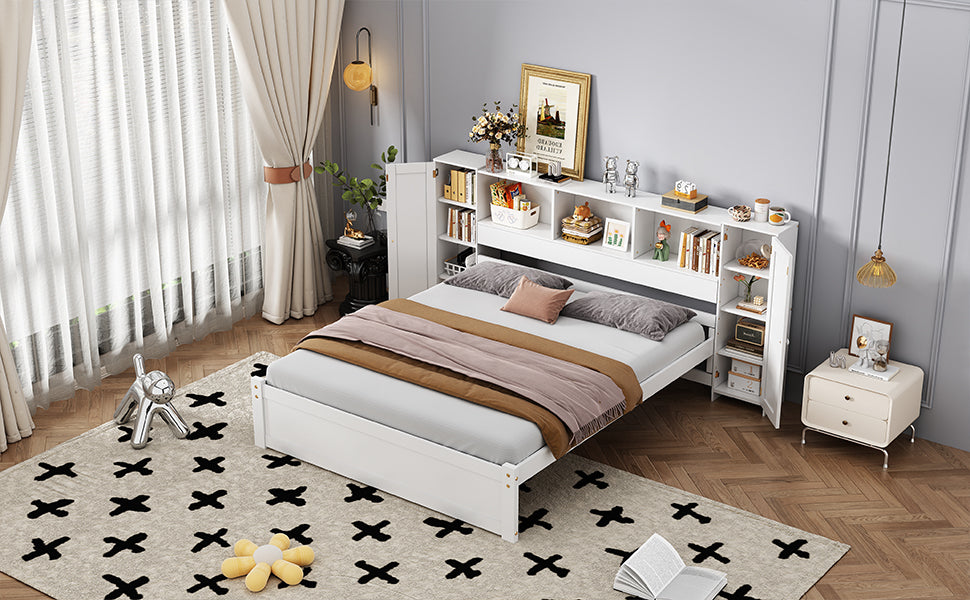 Full Size Platform Bed With Storage Headboard And Lockers, White Full Box Spring Not Required White Wood Bedroom Solid Wood Mdf
