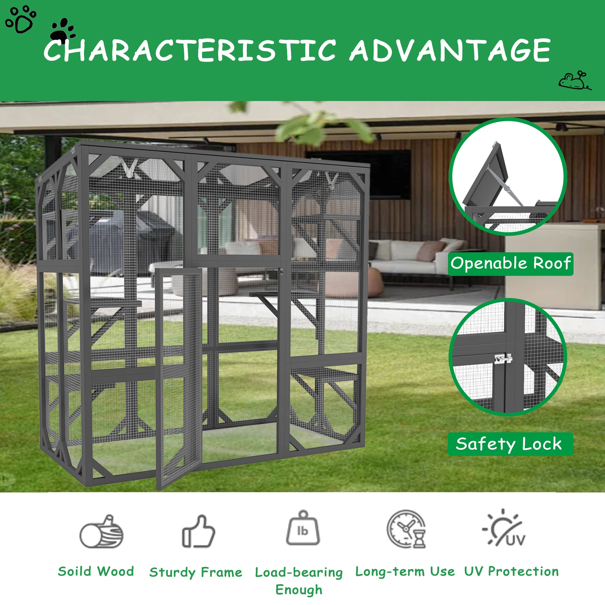 Catio Outdoor Cat Enclosure Cat House Wooden Cat Cage Large Feral Cat Shelter For Mulitiple Cats With Six Platforms, Large Enter Door, Waterproof Roof 60" Grey Gray Pet Barrier Wood