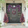 Pre Lit Christmas Artificial Tree 4 Piece Set, Garland, Wreath And Set Of 2 Entrance Trees, X Mas With Led Lights, Pvc Festival Celebration Set, Purple Purple Pvc