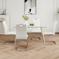 Modern Simple Rectangular Glass Dining Table, Solid Tempered Glass Countertop, Wood Transfer Metal Table Legs, White Pu Dining Chair Set, Suitable For Restaurant Kitchen Use Set Of 5 Metal Glass White Pu Seats 4 Metal Rectangular Dining Table With Chair
