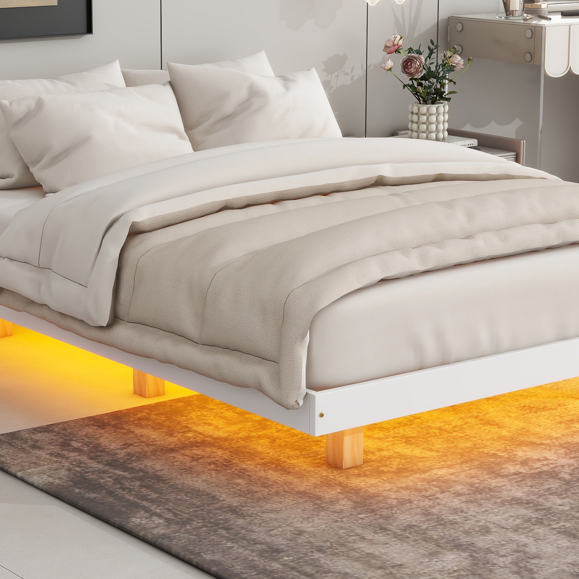 Full Size Floating Bed With Led Lights Underneath,Modern Full Size Low Profile Platform Bed With Led Lights,White Full White Wood Bedroom American Design Pine Bed Frame Pine