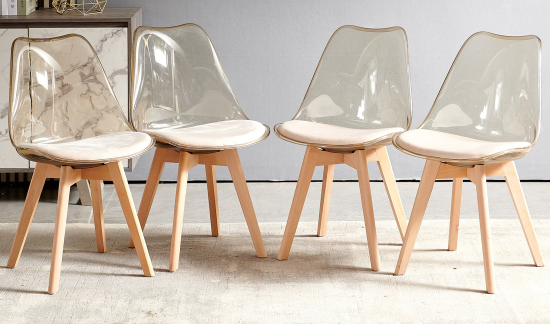 Wood Leg And Transparent Yellow Back Chair,Set Of 4,Dining Chair,Coffee Chair Antique Yellow Wood Plastic