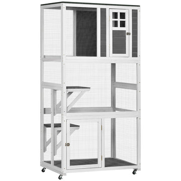 Pawhut 74" Wooden Outdoor Cat House Weatherproof & Wheeled, Catio Outdoor Cat Enclosure With High Weight Capacity, Kitten Cage Condo, Gray Gray Wood