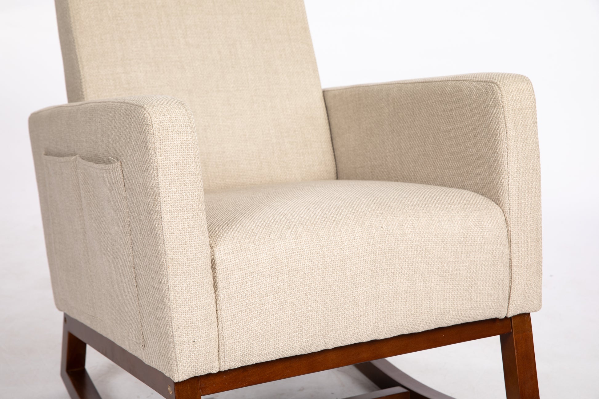 Mid Century Modern Accent Chair With Wood Frame, Upholstered Living Room Chairs With Waist Cushion, Reading Armchair For Bedroom Sunroom Grey White Linen