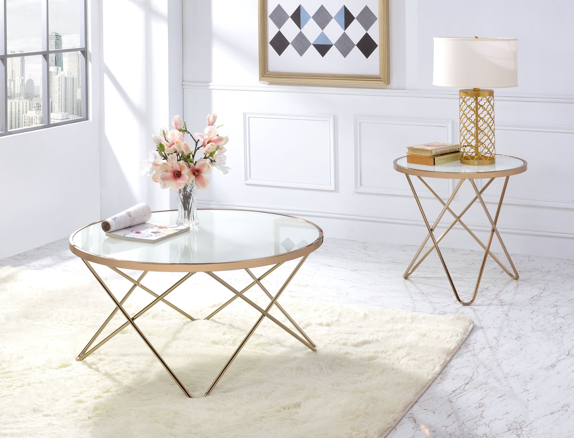 Valora Frosted Glass Top & Champagne Finish Coffee Table Champagne Glass Metal