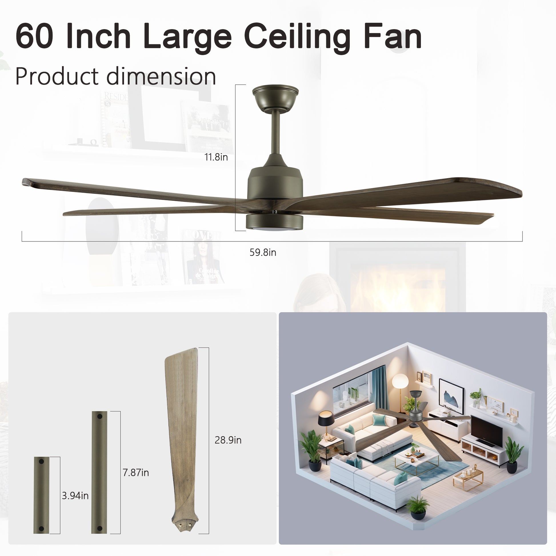 60" Modern Wood Ceiling Fan With Light And Remote Control,6 Speed Noiseless Reversible Dc Motor, Ceiling Fan For Kitchen Dinning Living Room Olive Green Wood Iron