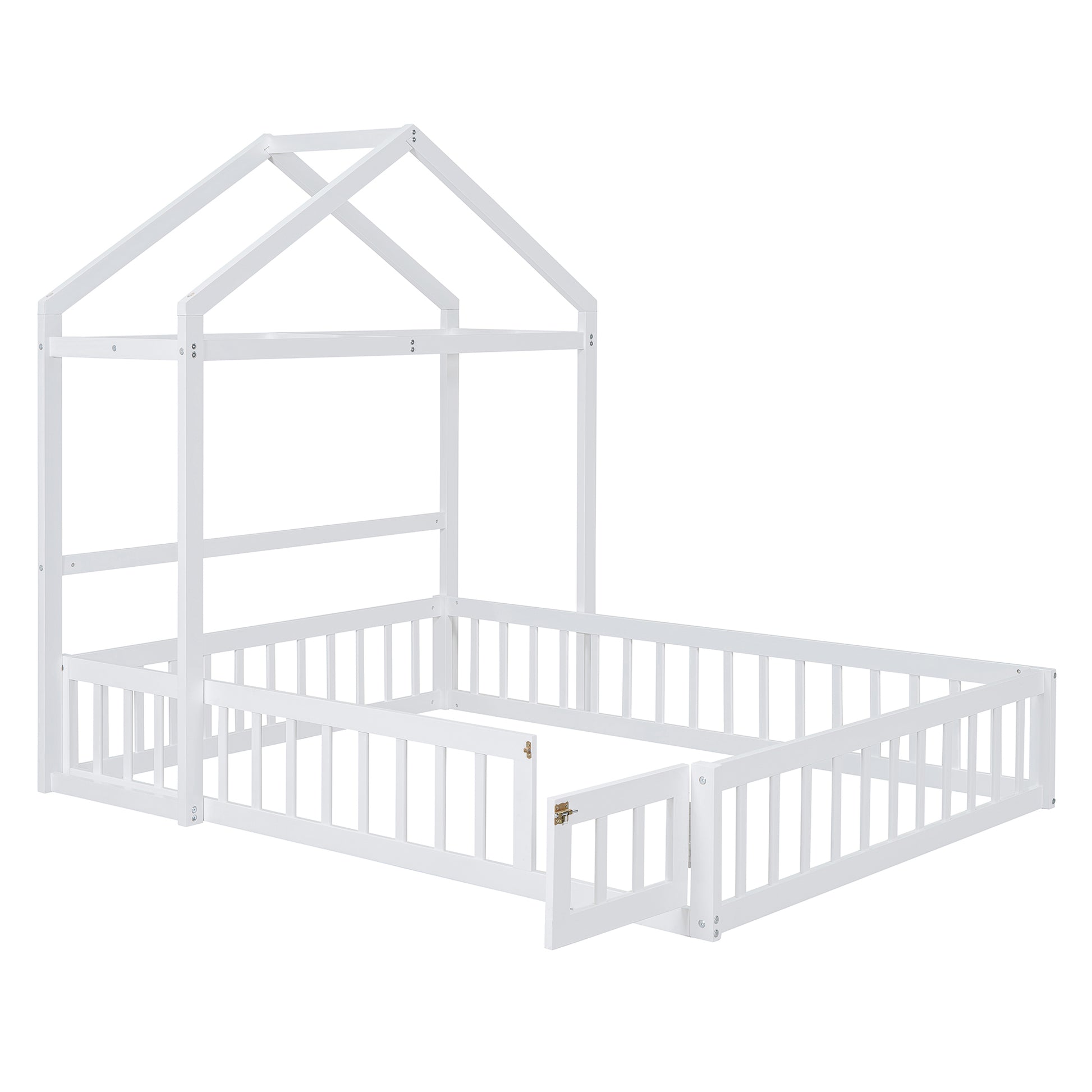 Wooden Floor Bed With Fence Railings And Detachable House Shape Headboard, Full Size Bed With Kids Dress Up Rack, Kids Montessori Style Playhouse Frame For Girls Boys, White Full White Wood