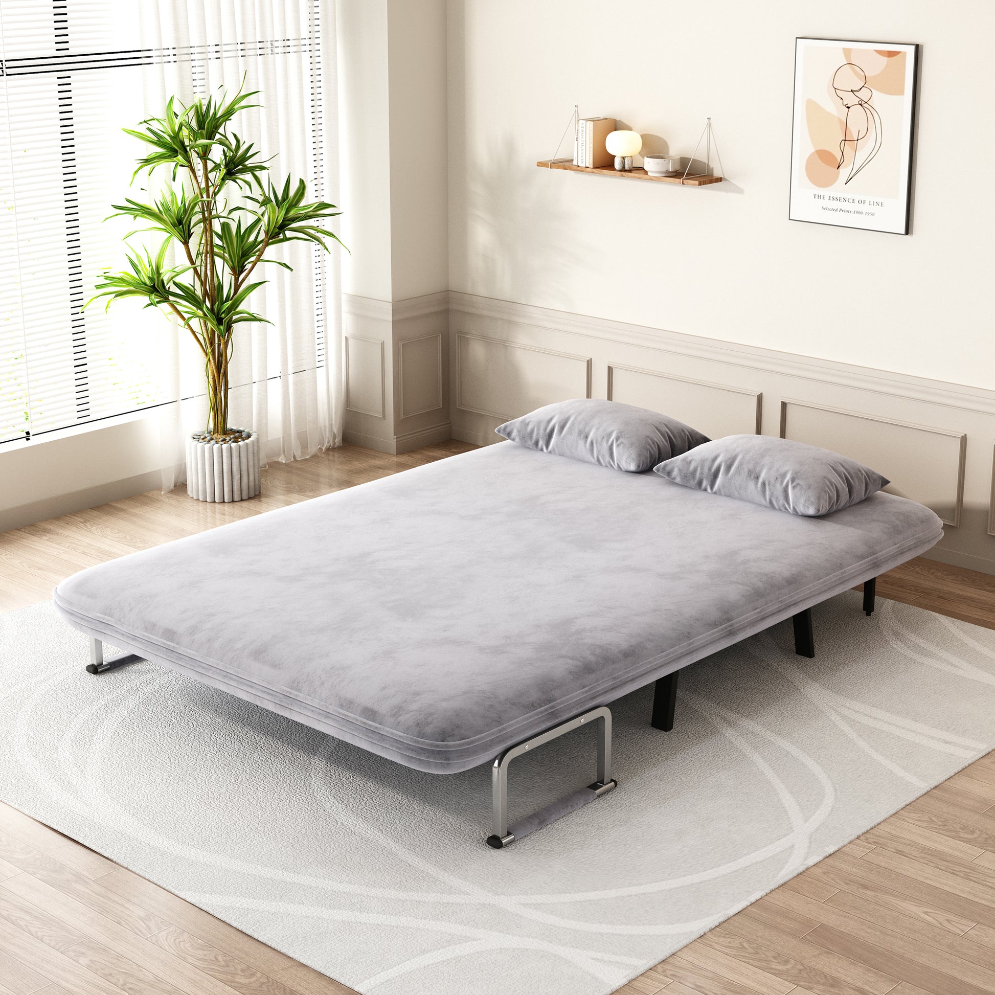 Velvet Light Gray 55 Convertible Chair Bed, Tri Fold Sofa Bed With Adjustable Backrest & Pillow, Leisure Chaise Lounge Couch With Sturdy Steel Frame For Home & Office, Comfortable Sleeper Chair Light Gray Velvet Metal Primary Living Space Medium Firm