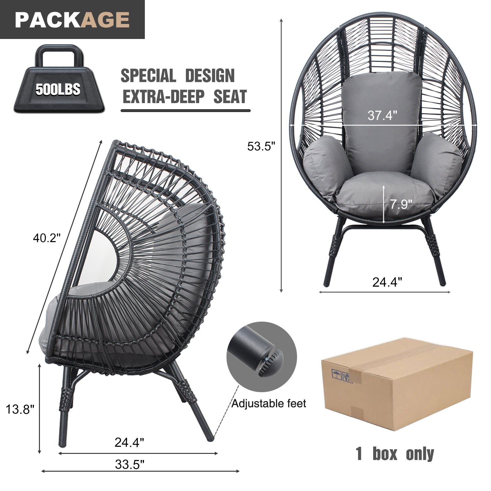 Patio Pe Wicker Egg Chair Model 2 With Black Color Rattan Grey Cushion Yes Black Foam Steel