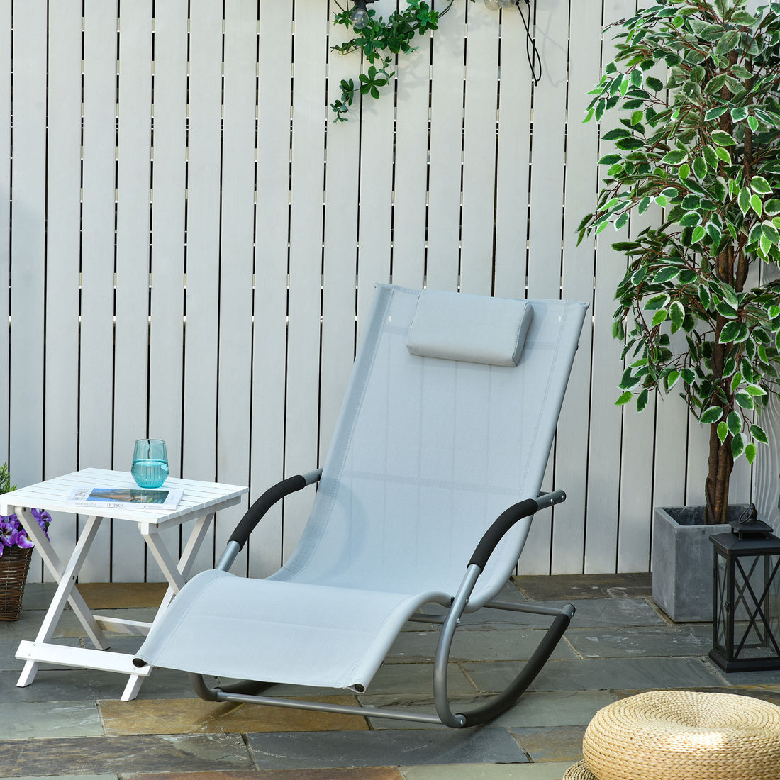 Outsunny Zero Gravity Rocking Chair Outdoor Chaise Lounge Chair Recliner Rocker With Detachable Pillow And Durable Weather Fighting Fabric For Patio, Deck, Pool, Grey Gray Steel