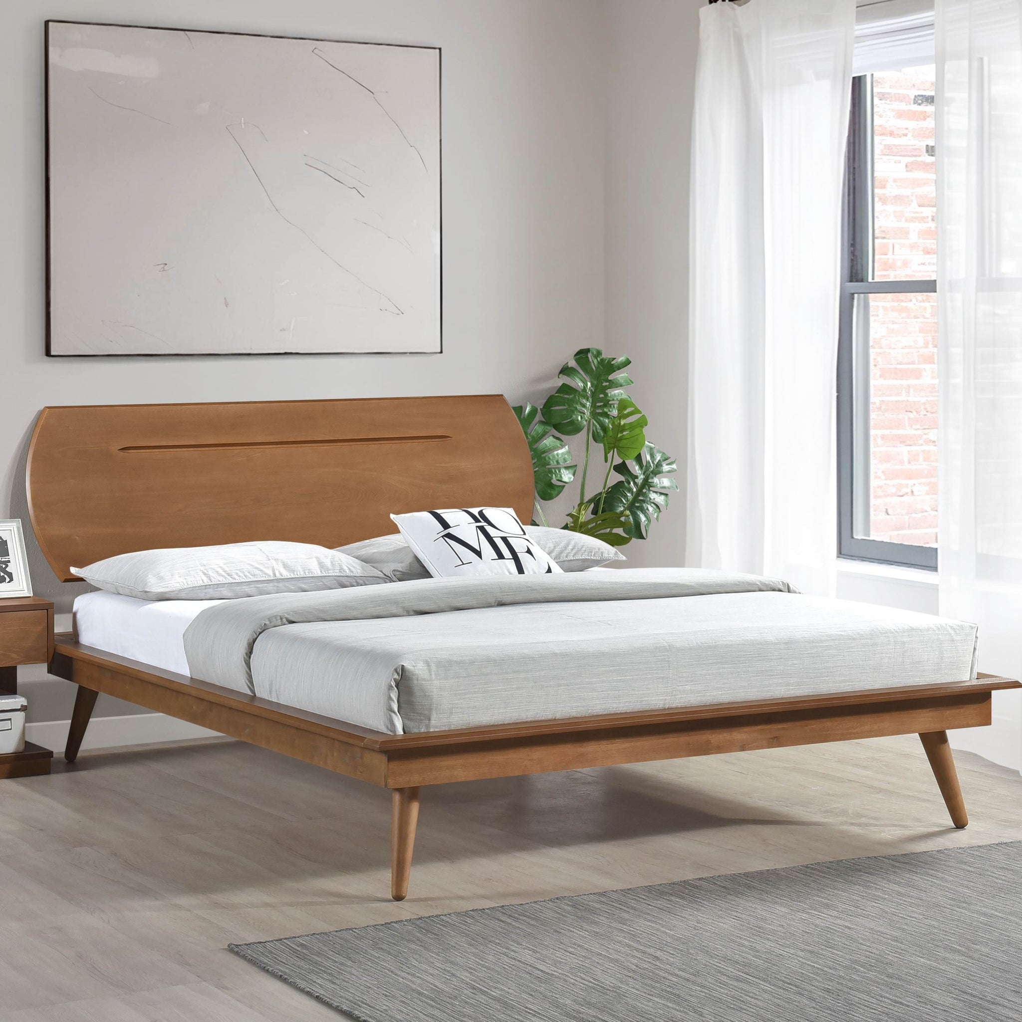 Country Casual Style Queen Platform Bed With Oval Headboard 1Pc Wooden Bedroom Furniture Queen Brown Wood Bedroom Wood