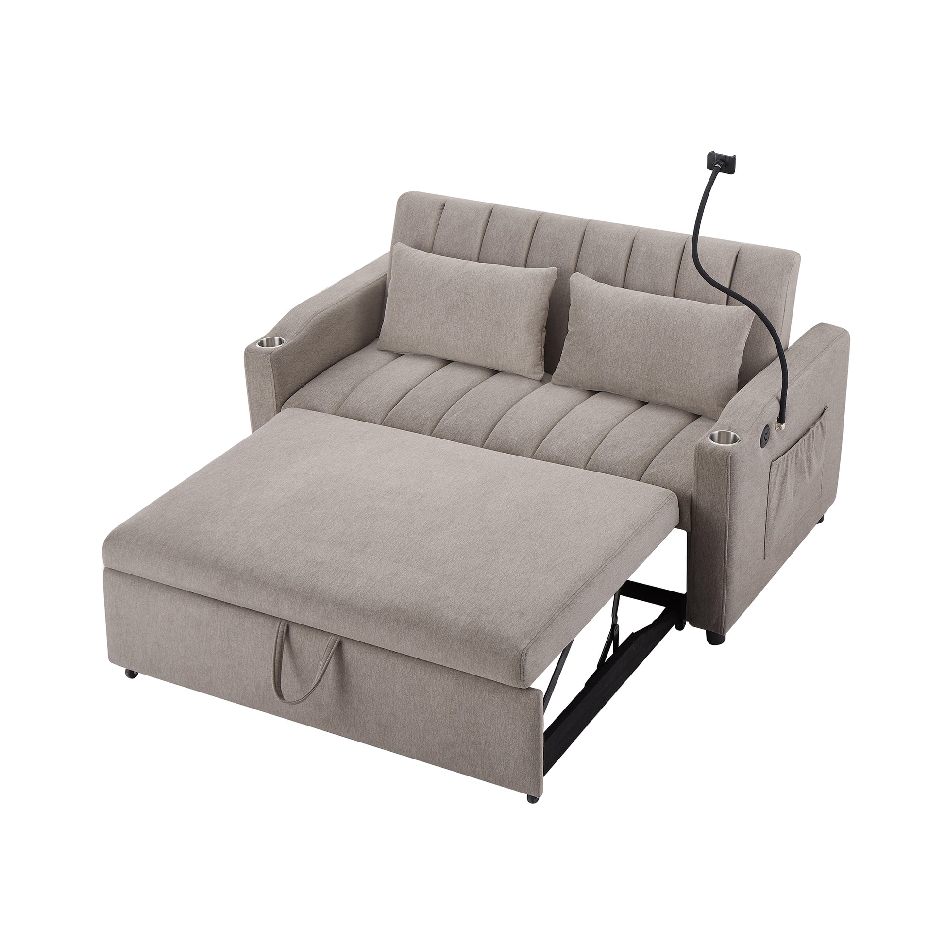 55.9" Convertible Sofa Bed Loveseat Sofa With Three Usb Ports, Two Side Pockets, Two Cup Holders And 360 Swivel Phone Holder For Living Room, Light Grey Light Grey Foam Polyester 2 Seat