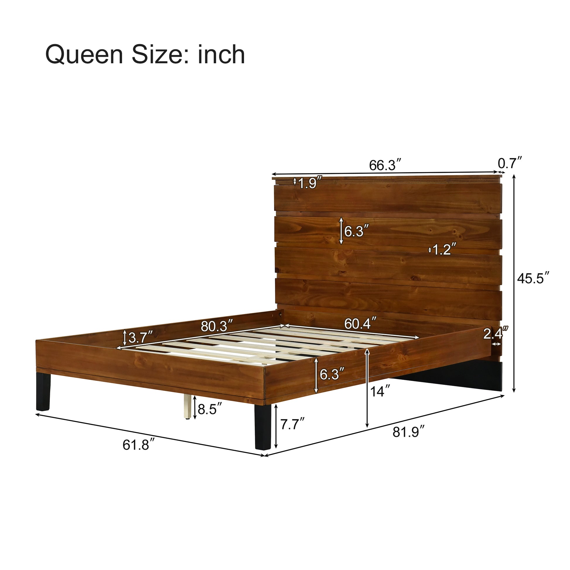 Mid Century Modern Solid Wood Bed Frame Queen Size Platform Bed With Six Piece Headboard Design, No Box Spring Needed, Brown Queen Brown Pine