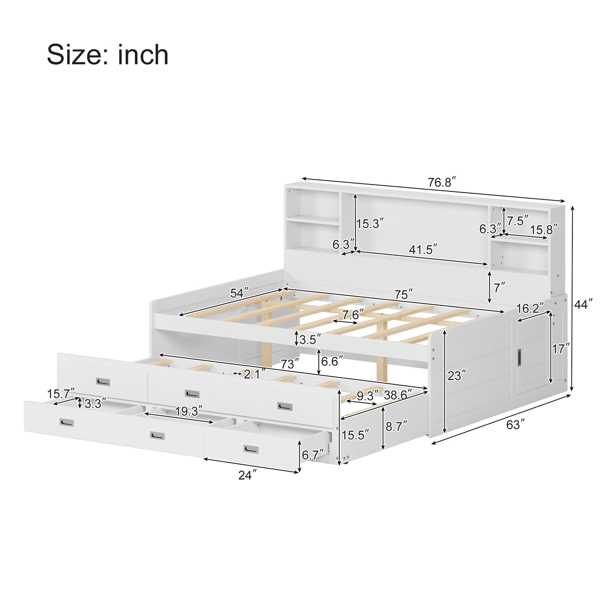 Full Size Captain Daybed With Storage Bookcase Headboard,Captain Bed With Trundle And Three Storage Drawers For Kids Teens Dorm Bedroom Multipurpose Guest Room Or Home, White Box Spring Not Required