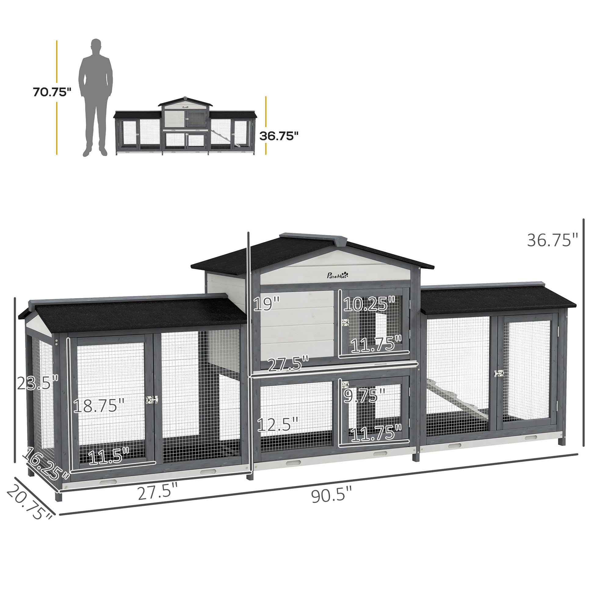 Pawhut 90.5" Wooden Rabbit Hutch Bunny Cage Pet Playpen House Enclosure With Double Side Run Boxes, No Leak Tray, Ramp, For Guinea Pig And Small Animals, Light Gray Gray Wood