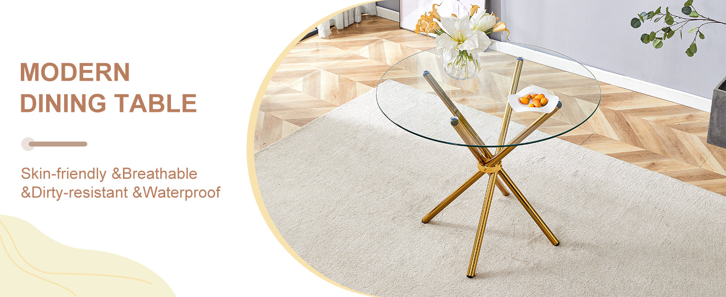 Round Clear Glass Dining Table With A Unique Shape For 4 6 People, With Ring Shaped Gathered Gold Metal Legs, Suitable For Desks, Kitchens, Terraces, Dining Rooms. Gold Glass Metal