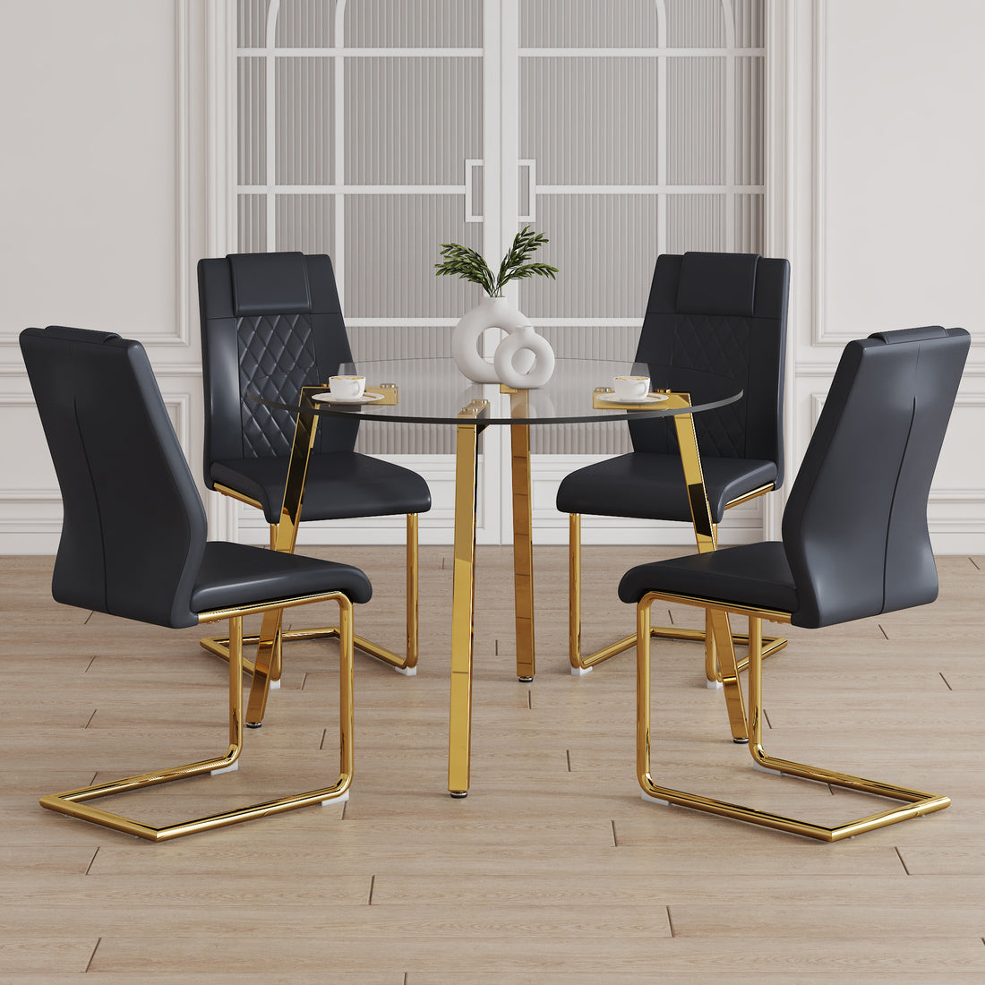 Table And Chair Set.A Modern Minimalist Style Round Clear Tempered Glass Table With Metal Legs.Paried With Black Chairs With Modern Pu Leather High Back Upholstered And C Tube Golden Legs. Black,Transparent Seats 4 Glass