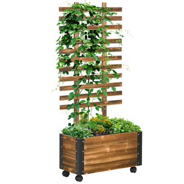 Outsunny Raised Garden Bed With Trellis, 58" Outdoor Wooden Planter Box With Wheels, For Vine Plants Flowers Climbing And Planting, Brown Brown Green Wood