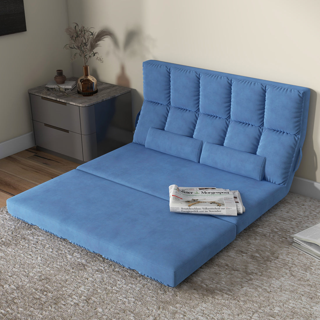 Homcom Convertible Floor Sofa Chair, Folding Couch Bed, Guest Chaise Lounge With 2 Pillows, Adjustable Backrest And Headrest, 51.25" L, Blue Blue Polyester