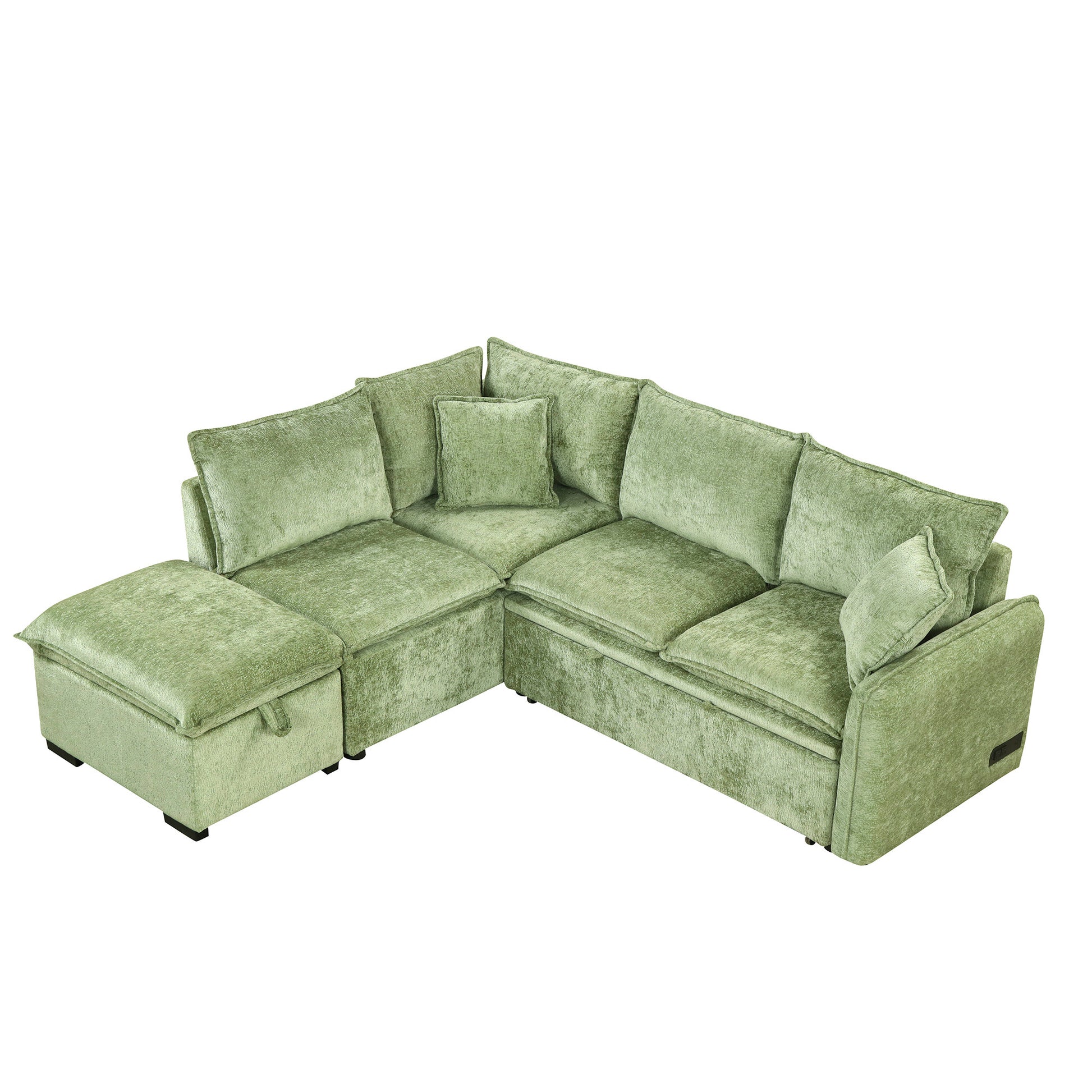 82.67"Convertible Sofa Bed Sectional Sofa Sleeper L Shaped Sofa With A Storage Ottoman,Two Pillows, Two Power Sockets And Two Usb Ports For Living Room, Green Green Foam Chenille 4 Seat