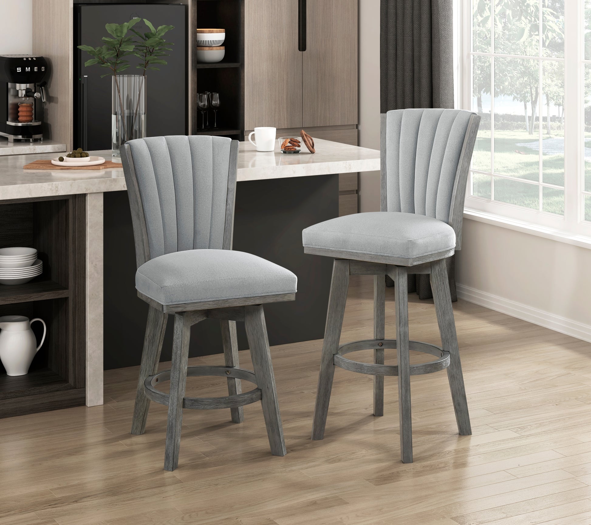 Gray Finish Set Of 2 Pub Height Chairs Swivel Seat Tufted Fabric Upholstered Solid Wood Dining Furniture Transitional Style Gray Dining Room Transitional Solid Wood
