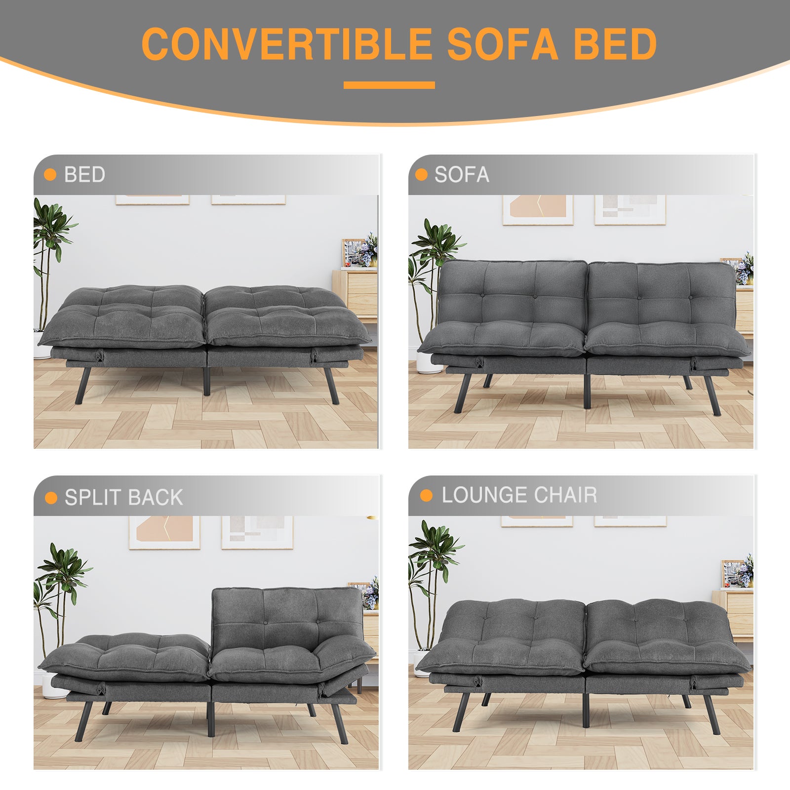 Sofa Bed, Living Room Sofa Bed, Folding Furniture, Convertible Full Size Sofa With Adjustable Back And Armrests, Linen, Dark Grey Gray Linen 3 Seat