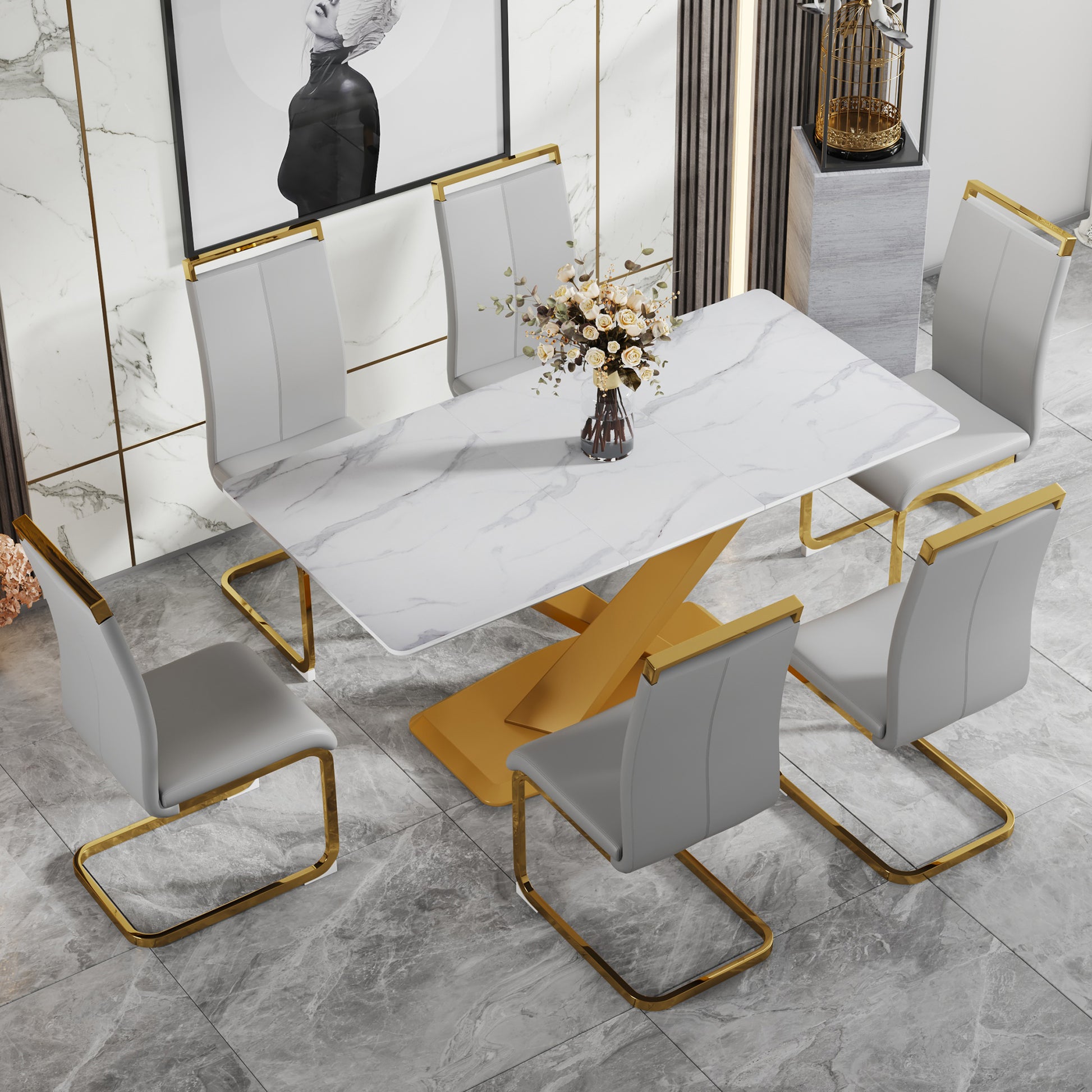 Table And Chair Set, The Table Is Equipped With A Marble Patterned Mdf Tabletop And Gold Table Legs.The Chair Is Equipped With Pu Synthetic Leather High Back Cushion And Gold Coated Metal Legs. Grey Gold Seats 6 Mdf Metal