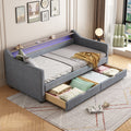 Twin Size Daybed With 2 Storage Drawers And 2 Tier Shelf & Usb Type C Port, Modern Linen Upholstered Sofa Day Bed Frame With Smart Led Light For Livingroom, Apartment,Light Grey Box Spring Not