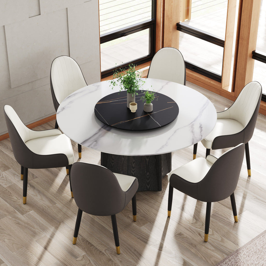 59.05" Round Marble Dining Table With Black Textured Solid Wood Base, Artificial Marble For 6 8 People, 31.5"Black Artificial Stone Turntable,White&Black Dining Table Only Black,White Dining Room