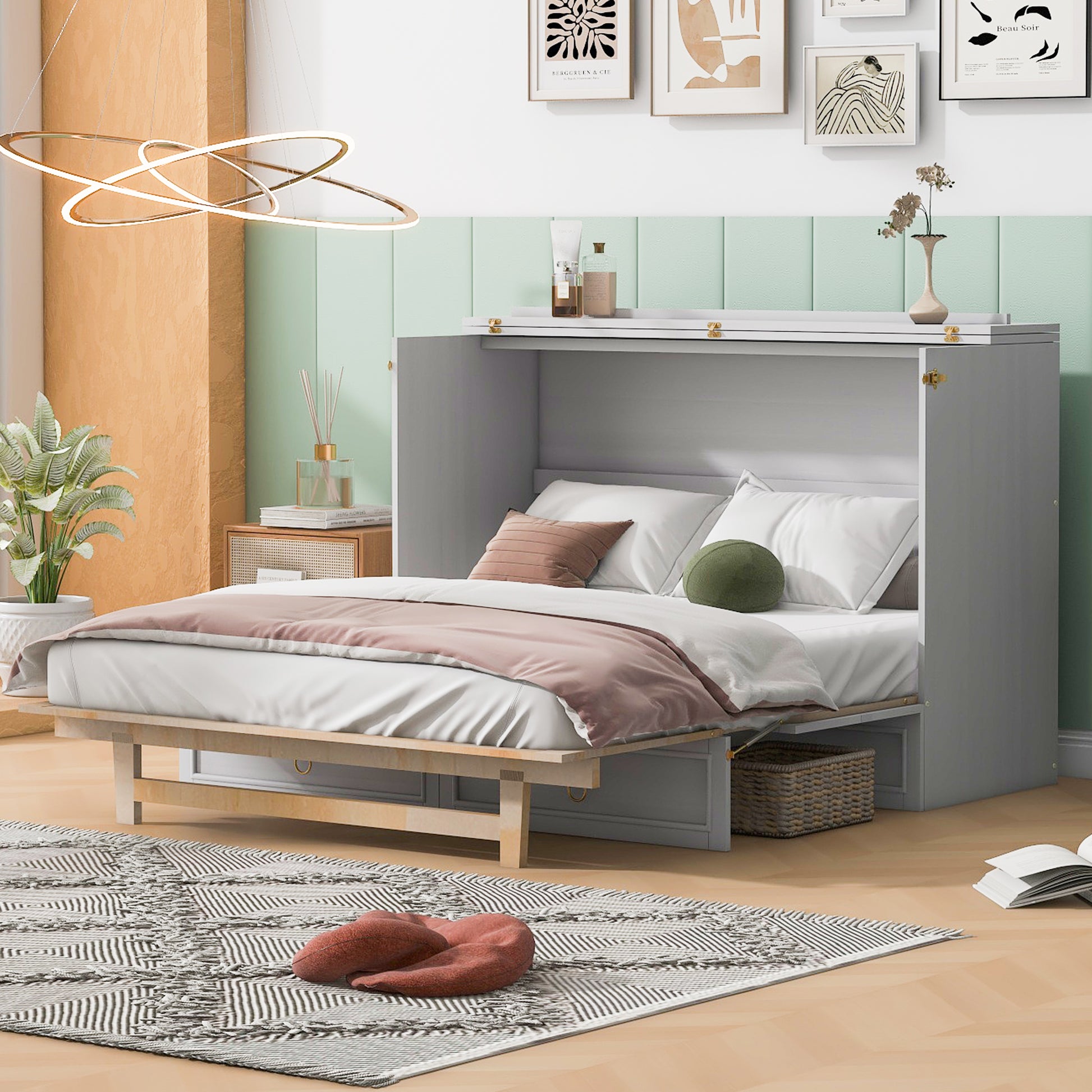 Queen Murphy Bed With Large Drawers,White Queen White Plywood