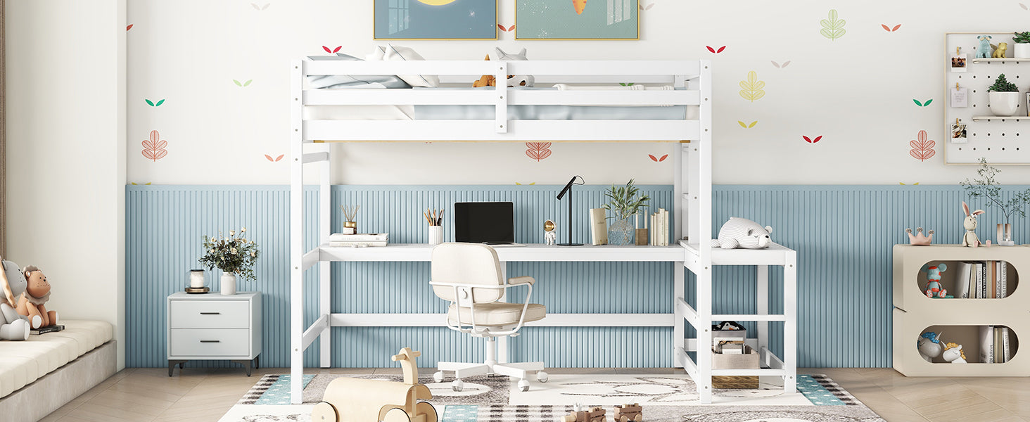 Full Loft Bed With Built In Desk, Ladder Platform, Ladders, Guardrails,White Full White Bedroom American Design Pine