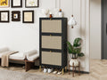 Rattan 3 Door Shoe Rack, Freestanding Modern Shoe Storage Cabinet, For Entryway Black Particle Board