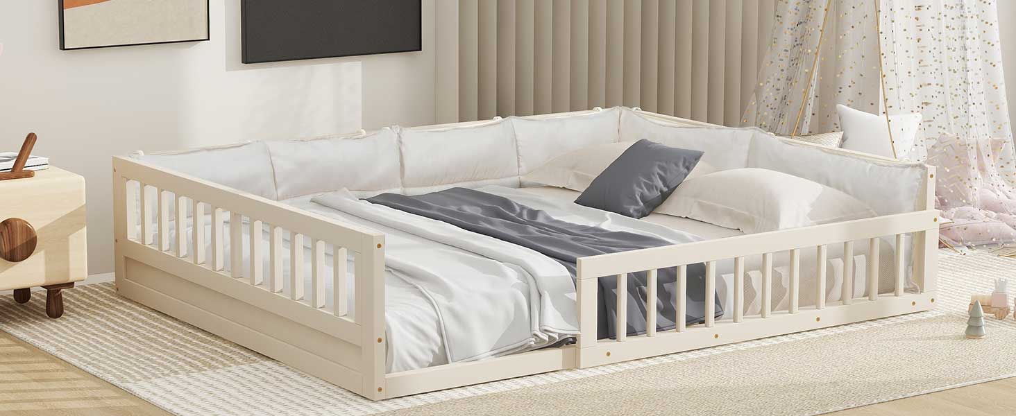 Wood Full Size Upholstered Platform Bed With Guardrail And Pillow, Beige Box Spring Not Required Full Beige Wood Bed Frame Solid Wood Mdf