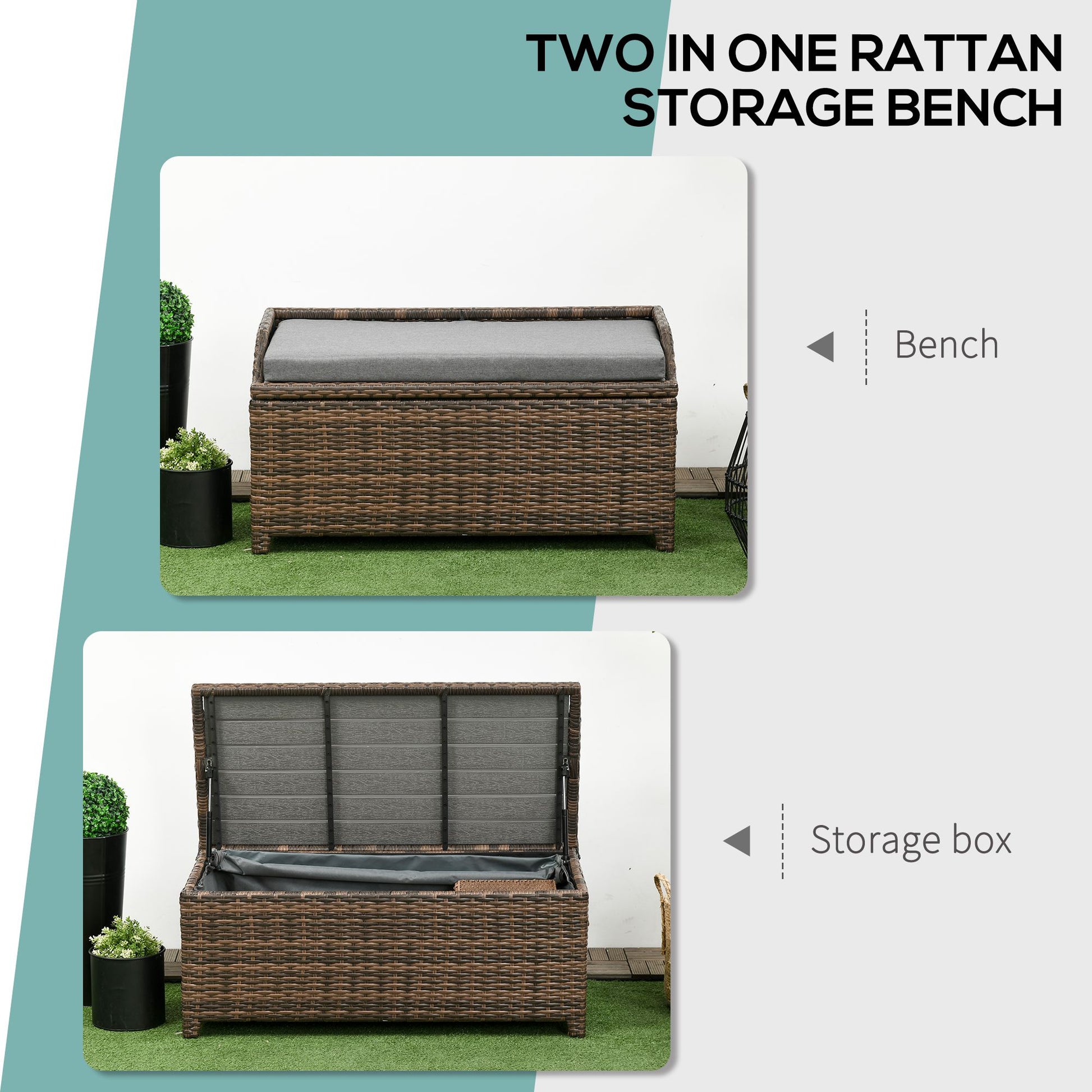 Outsunny Outdoor Wicker Storage Bench Deck Box, Pe Rattan Patio Furniture Pool Container Storage Bin With Interior Waterproof Bag And Comfortable Cushion, Gray Grey Aluminum