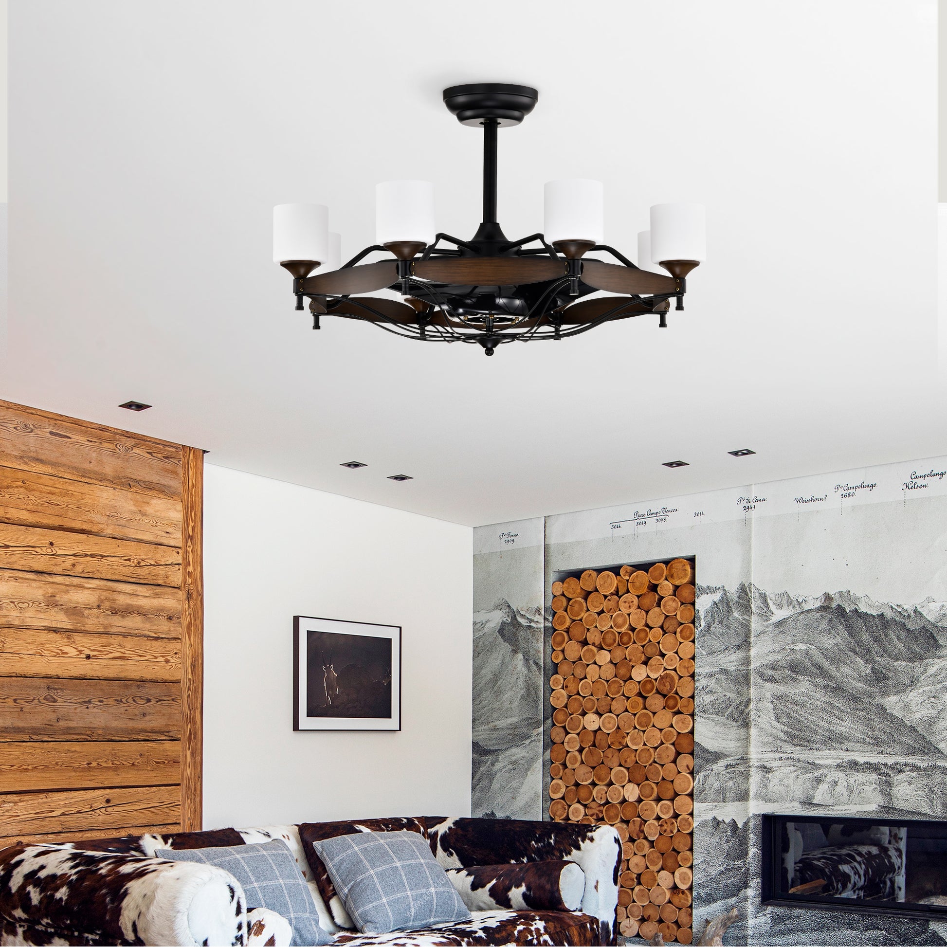 Dia 33 Inch Chandelier Ceiling Fan With Remote Control,Dc Motor ,6 Speed,3 Abs Blades For Bedroom Dining Room Living Room Kitchen Farmhouse Entry,Matte Black Red Wood Grain Wood American Design,American Traditional,Classic,Contemporary,Farmhouse Glass