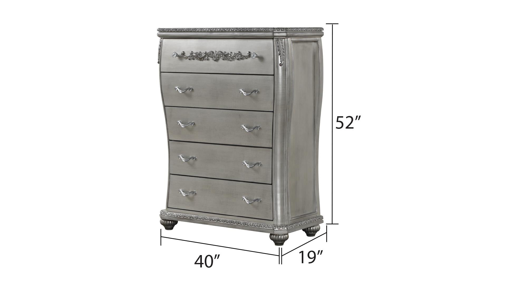 Destiny Traditional Style 5 Drawer Chest With Metal Drawer Pulls Made With Wood In Silver Silver Bedroom Traditional Solid Wood Mdf Wood