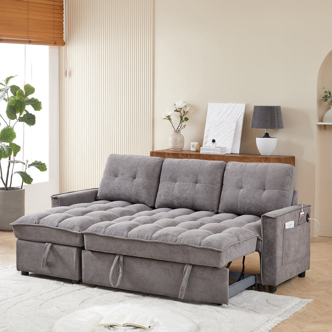 Mh 78.75" Reclining Sofa, Pull Out Sofa Bed With Usb And Tape C Charging Ports, L Shaped Sectional Sofa With Reclining Storage And Arm Side Organizer Pocket Features, Living Room Comfort Sofa Dark