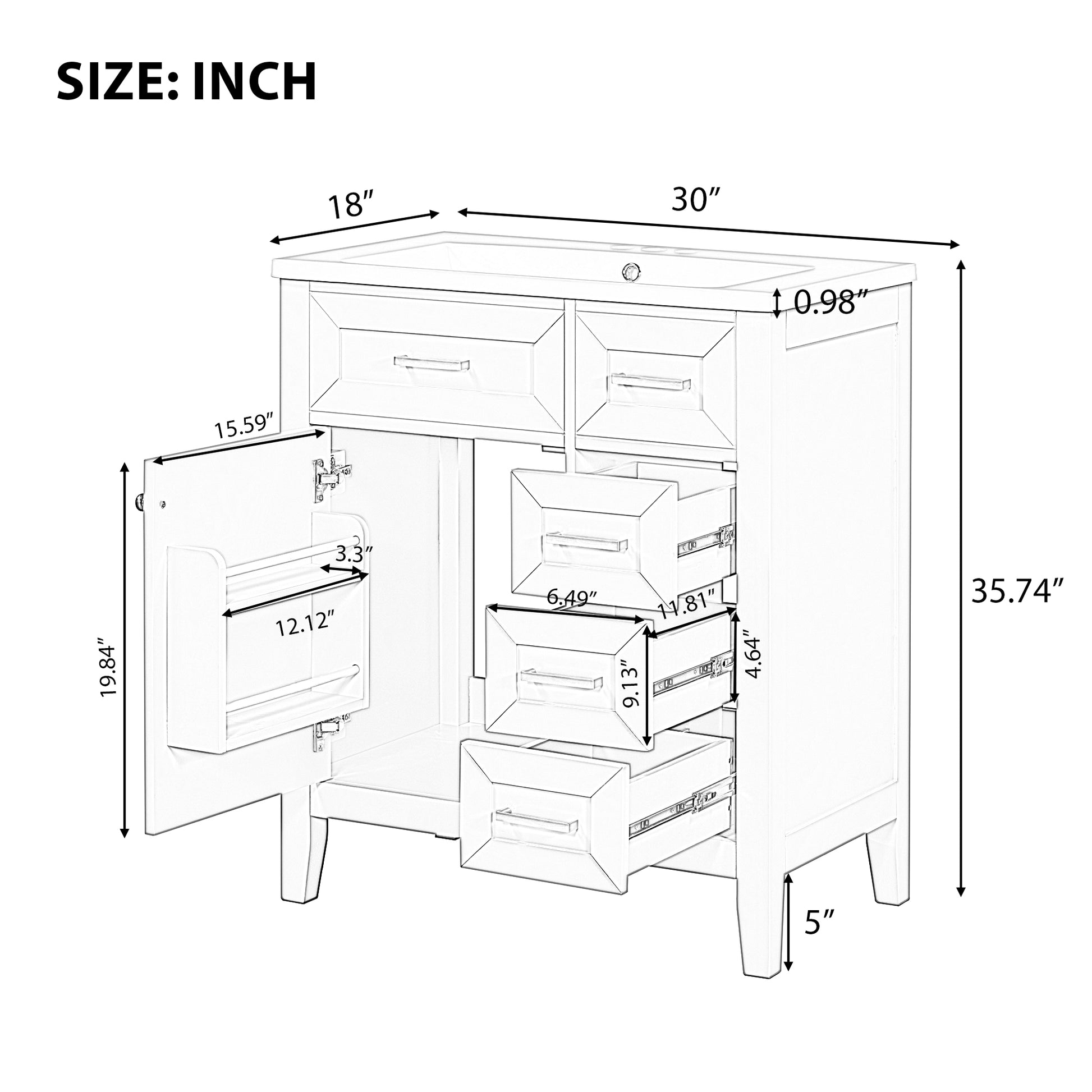 30" Bathroom Vanity With Sink Combo, White Bathroom Cabinet With Drawers, Solid Frame And Mdf Board White Solid Wood Mdf