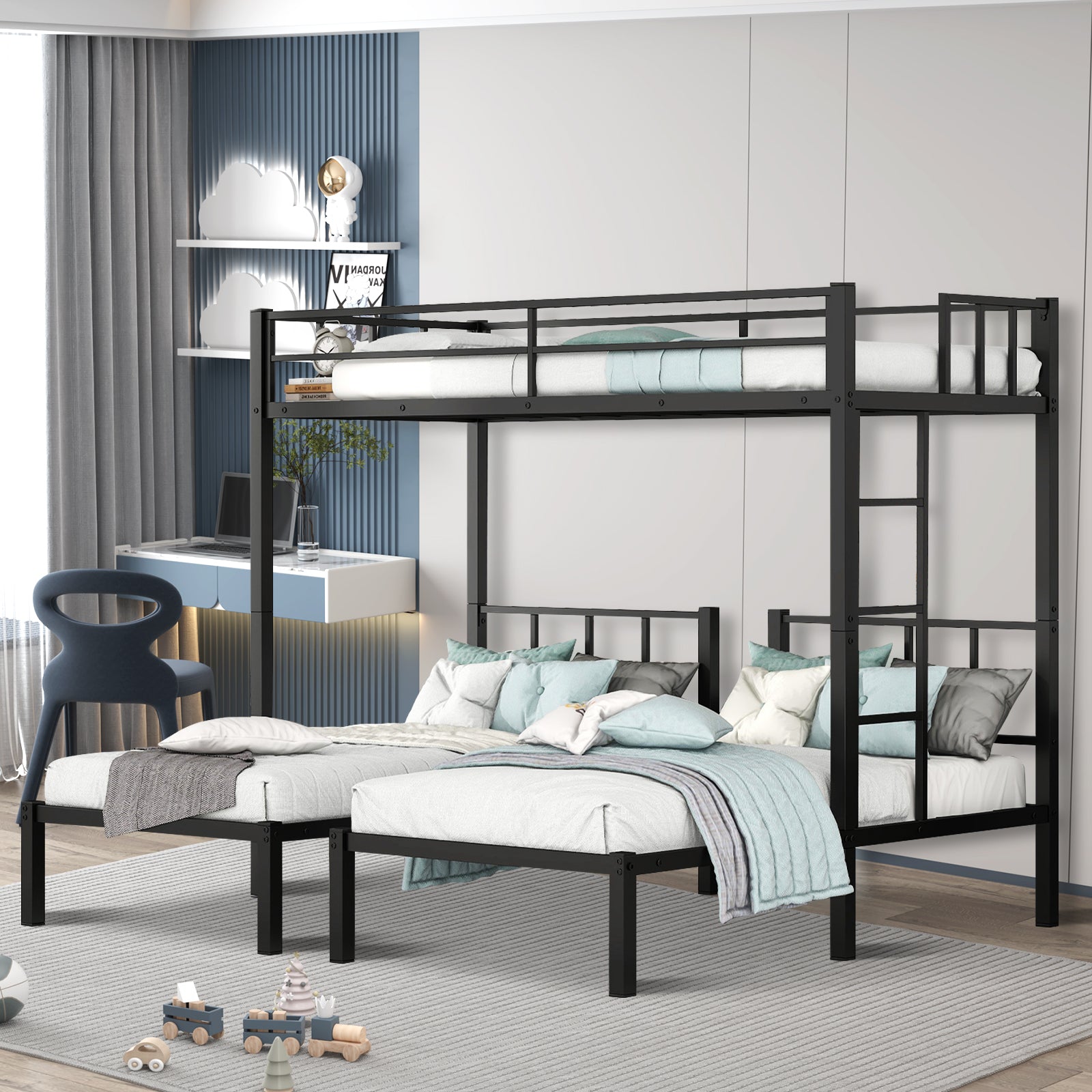 Triple Twin Bunk Bed, Can Be Separated Into 3 Twin Beds Black Metal