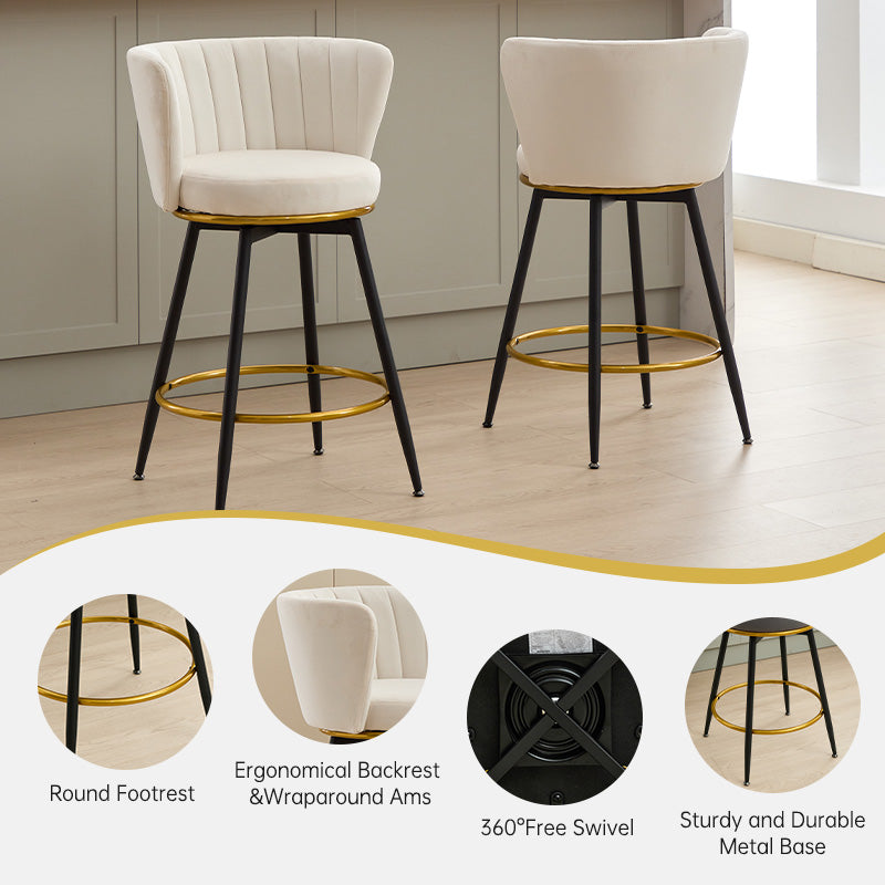 Counter Height Bar Stools Set Of 2, 360 Swivel Upholstered Barstools With Backs And Metal Legs, 26" H Seat Height, Velvet Fabric,Goldy Footrest Beige Iron,Polyester Blend