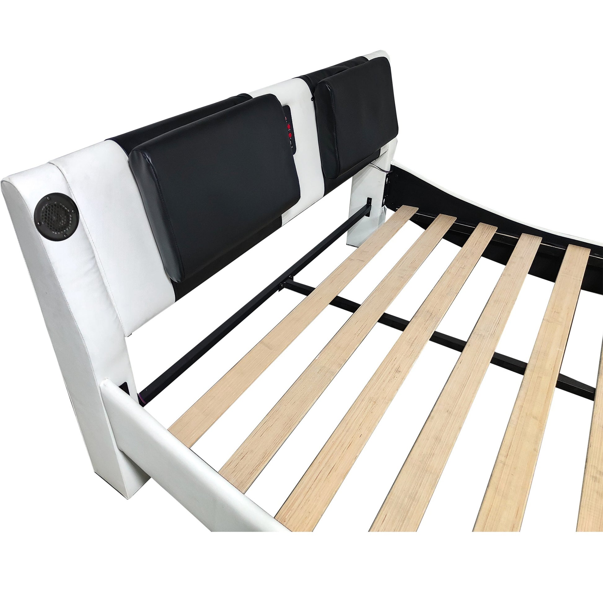 Faux Leather Upholstered Platform Bed Frame With Led Lighting, Bluetooth Connection To Play Music Control, Backrest Vibration Massage, Curve Design, Wood Slat Support, Exhibited Speakers,King Size Box Spring Not Required King White Mdf