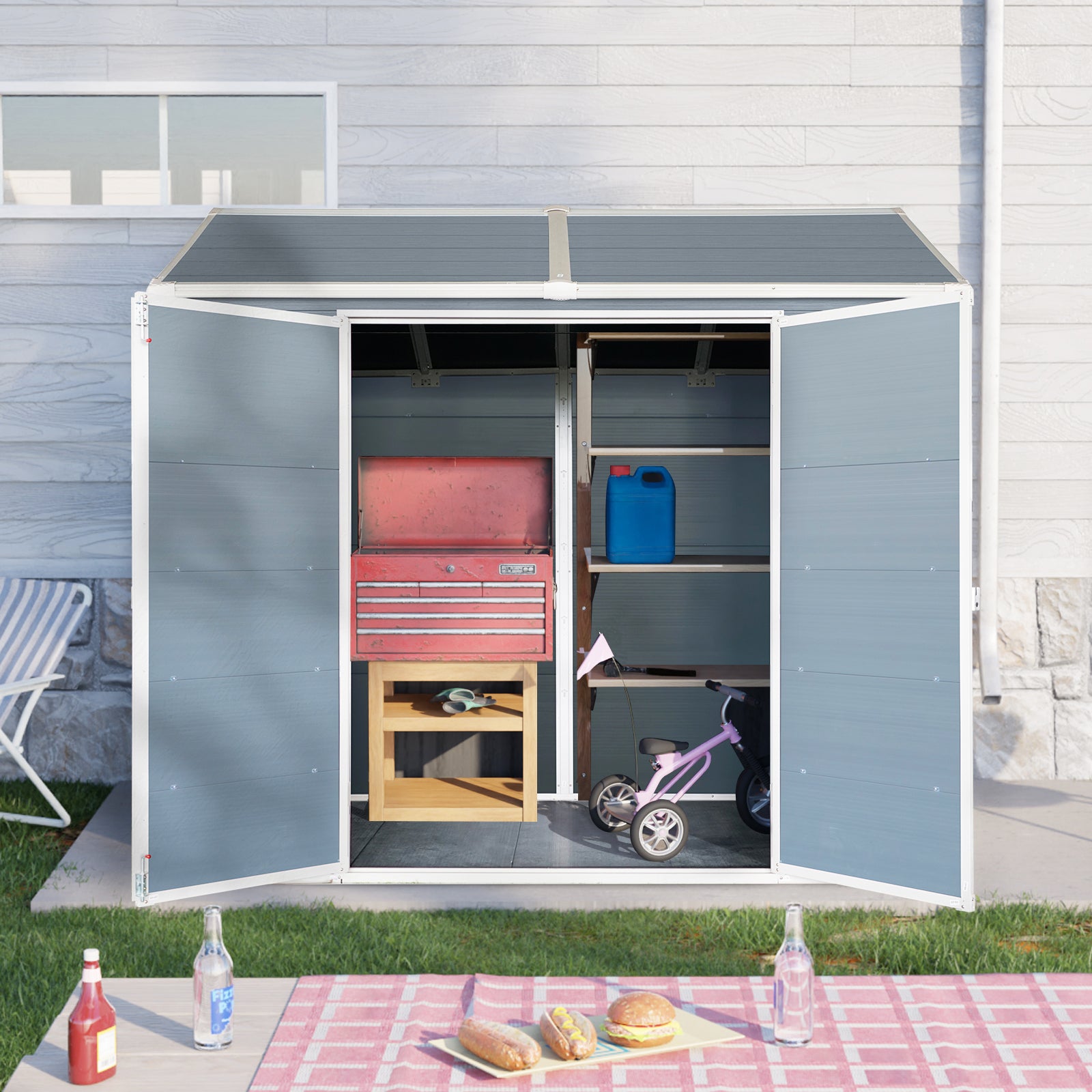 8X4Ft Resin Outdoor Storage Shed With Two Window And Double Door,Plastic Shed With Floor For Gargen,Patio,Yard,Lawn,Grey Grey Polypropylene