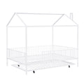 Full Size Metal House Bed With Fence, With Trundle, White Full White Metal