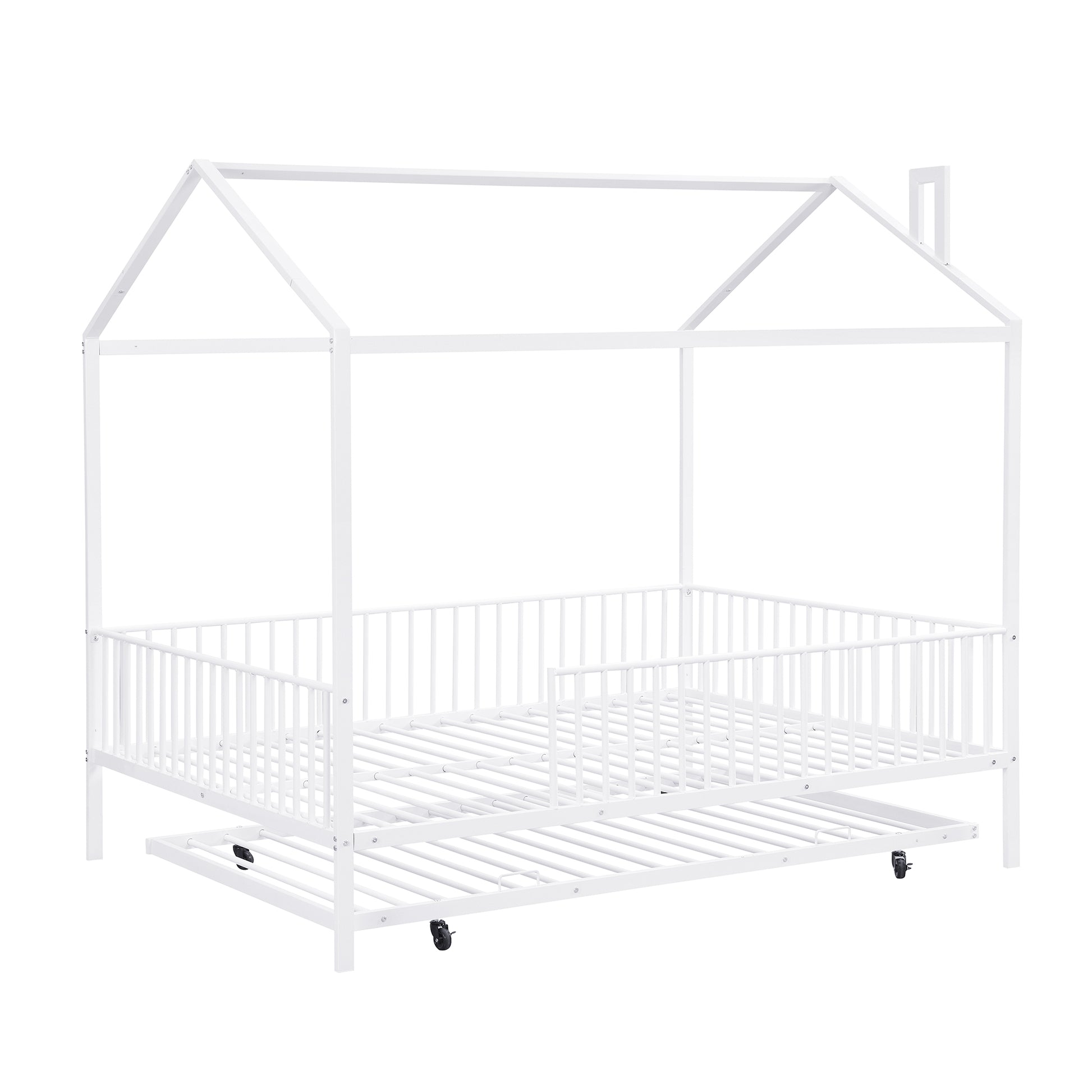 Full Size Metal House Bed With Fence, With Trundle, White Full White Metal