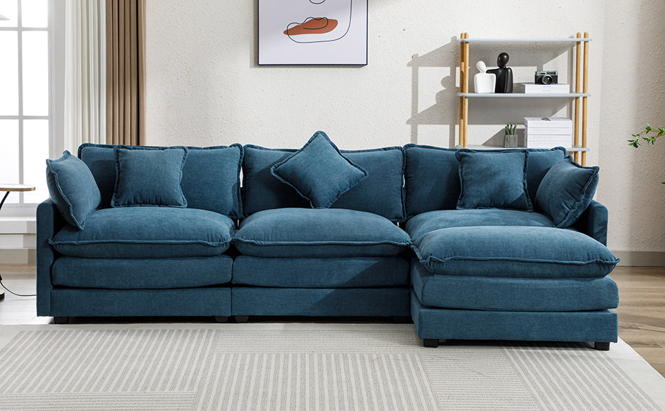 112.2" L Shape Chenille Upholstered Sofa For Living Room Modern Luxury Sofa Couch With Ottoman, 5 Pillows, Blue Blue Foam 4 Seat