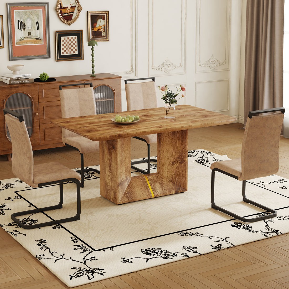 Table And Chair Set. Modern Dining Table With Mdf Top And Beautiful Mdf Legs. Comes With Brown Comfortable Chair With Pu Seat And Metal Legs. Suitable For A Wide Range Of Decorative Styles. Brown,Wood Seats 4 Mdf