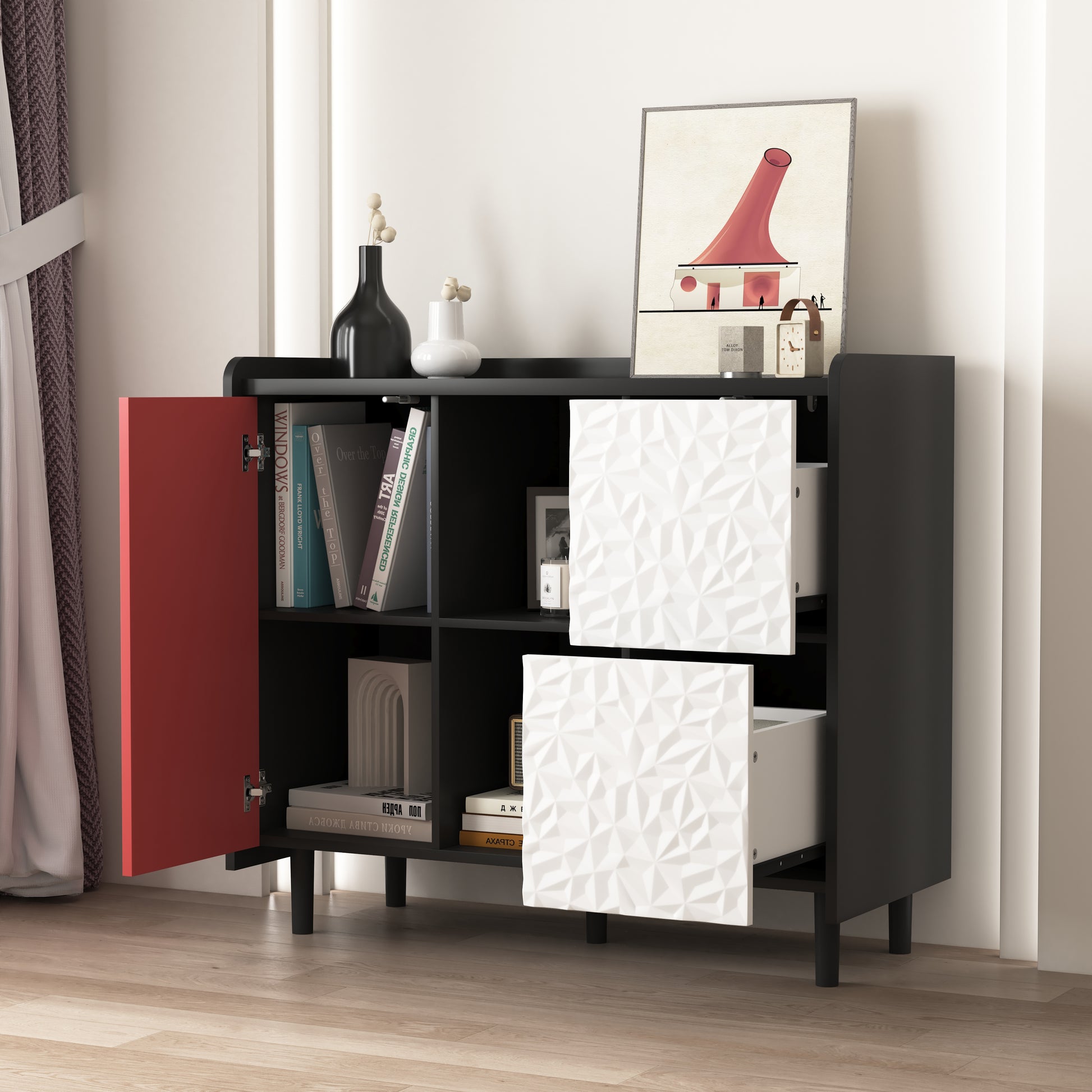 Sideboard Buffet Cabinet, Black Storage Cabinet With Red Doors2 Drawers With Unique Panel Styling And 2 Open Storage Compartment, Modern Coffee Bar Cabinet Accent Cabinet For Kitchen, Dining Room Black Red Mdf