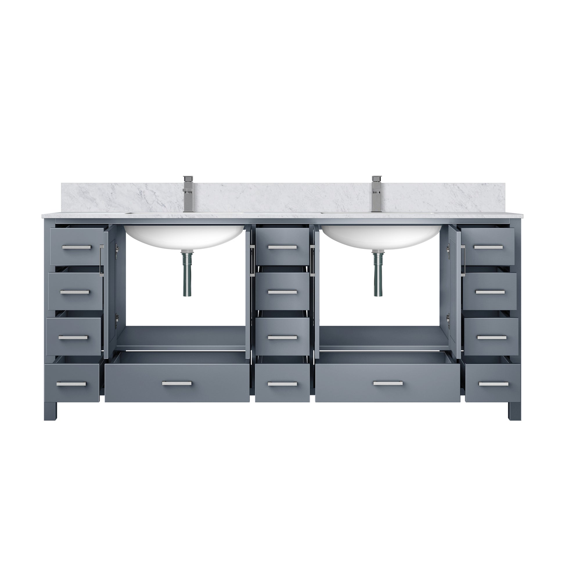 Dark Grey Double Bath Vanity 84 In. W X 22 In. D, Carrara Marble Top, And Faucet Set Dark Grey Plywood Wood