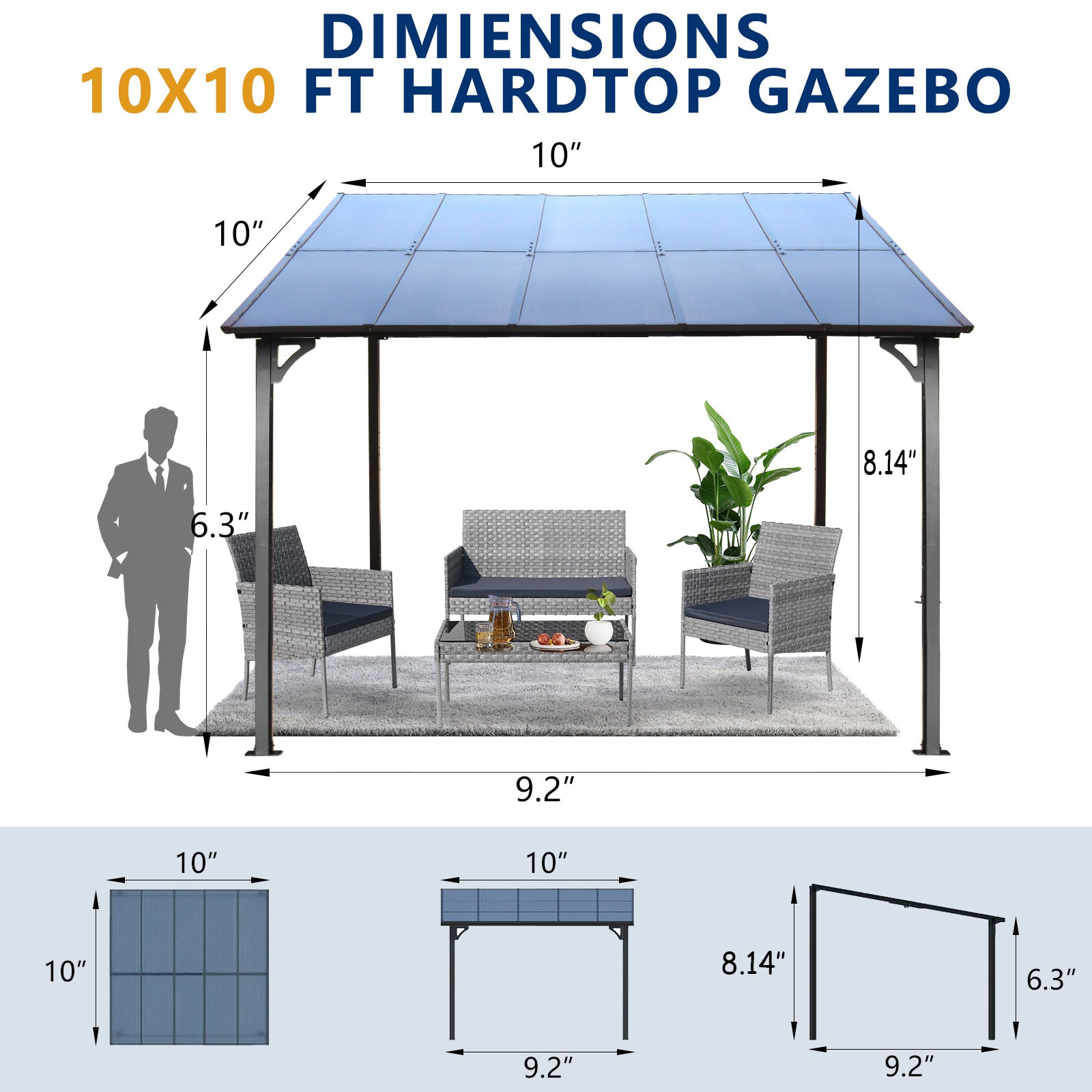 10' X 10' Outdoor Pergola Gazebo,Wall Mounted Lean To Metal Awning Gazebo With Roof,Large Heavy Duty For Patio,Decks,Backyard Grey Metal